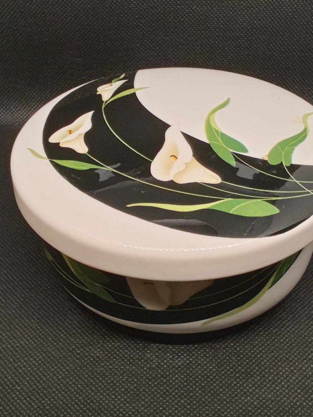 Floral Storage Jar in White and Black Vintage Hankook Ceramic Lidded Bowl